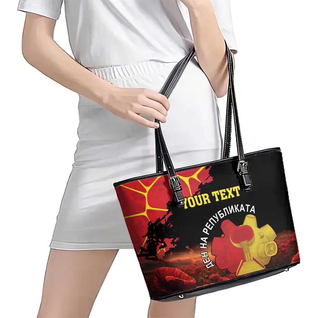 Personalized Macedonia Republic Day Leather Tote Bag Ilinden Monument Red Poppy - Wonder Print Shop