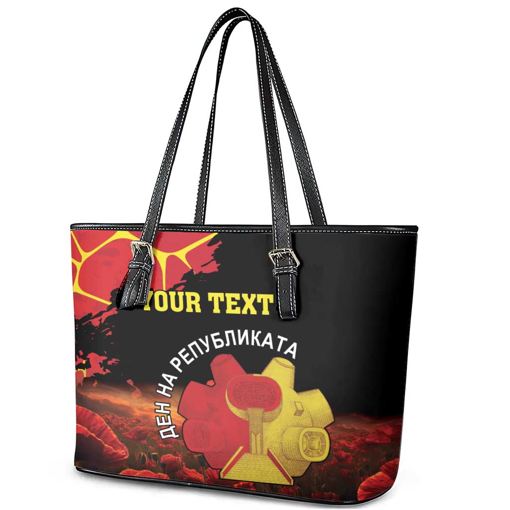 Personalized Macedonia Republic Day Leather Tote Bag Ilinden Monument Red Poppy - Wonder Print Shop