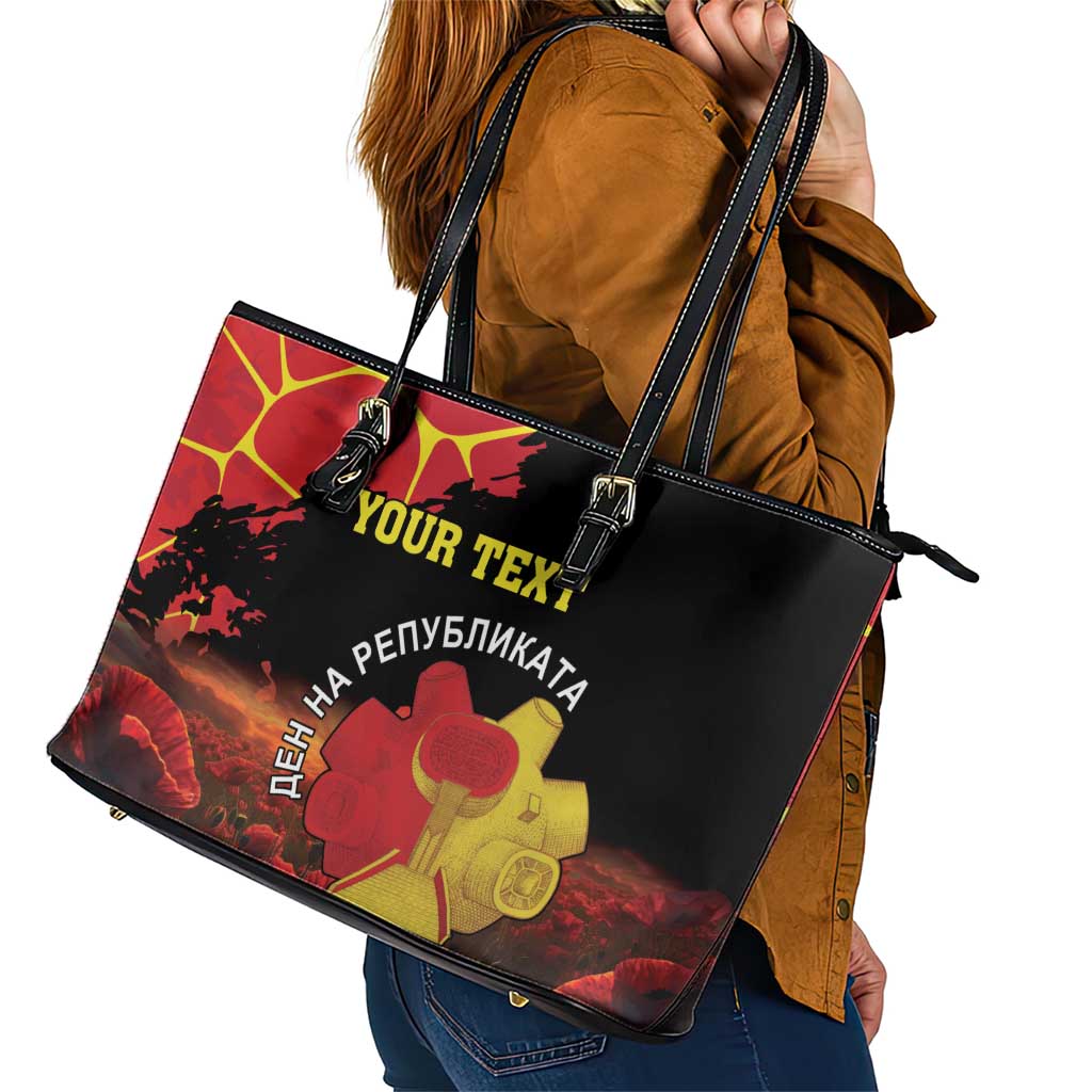 Personalized Macedonia Republic Day Leather Tote Bag Ilinden Monument Red Poppy - Wonder Print Shop
