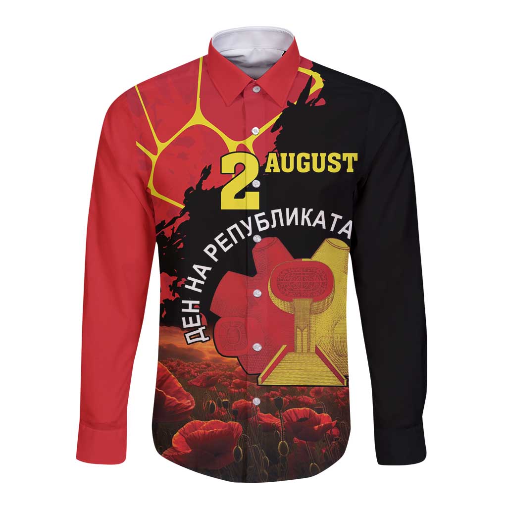 Personalized Macedonia Republic Day Long Sleeve Button Shirt Ilinden Monument Red Poppy - Wonder Print Shop