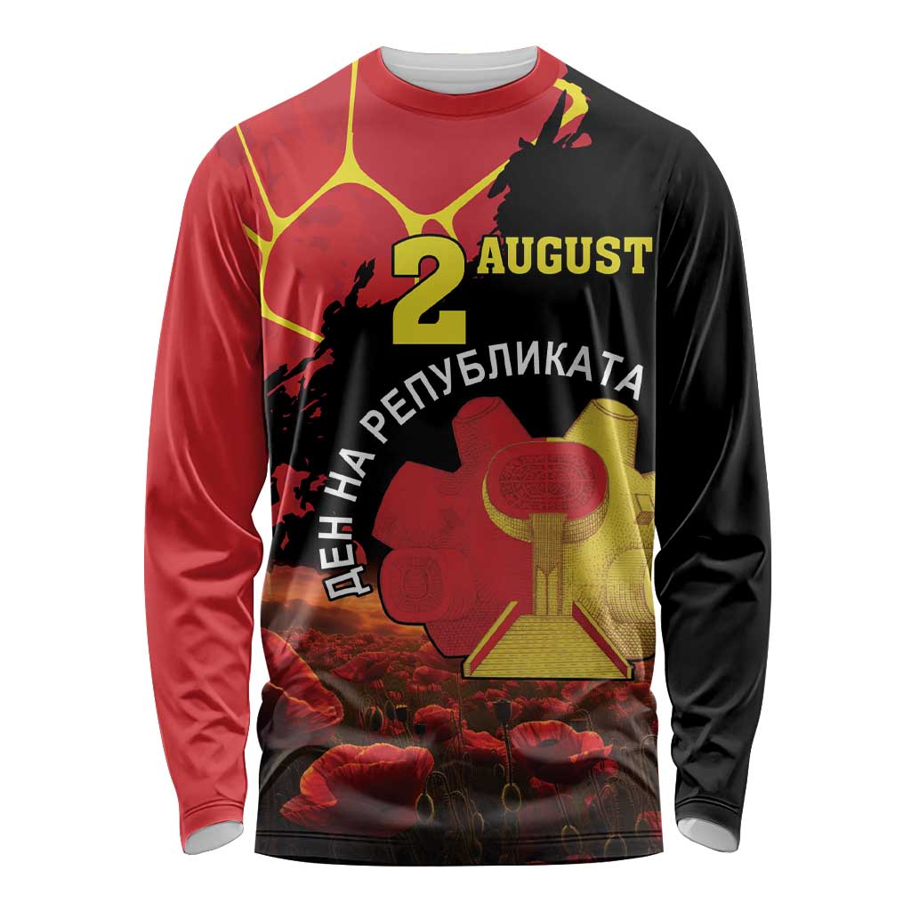 Personalized Macedonia Republic Day Long Sleeve Shirt Ilinden Monument Red Poppy - Wonder Print Shop