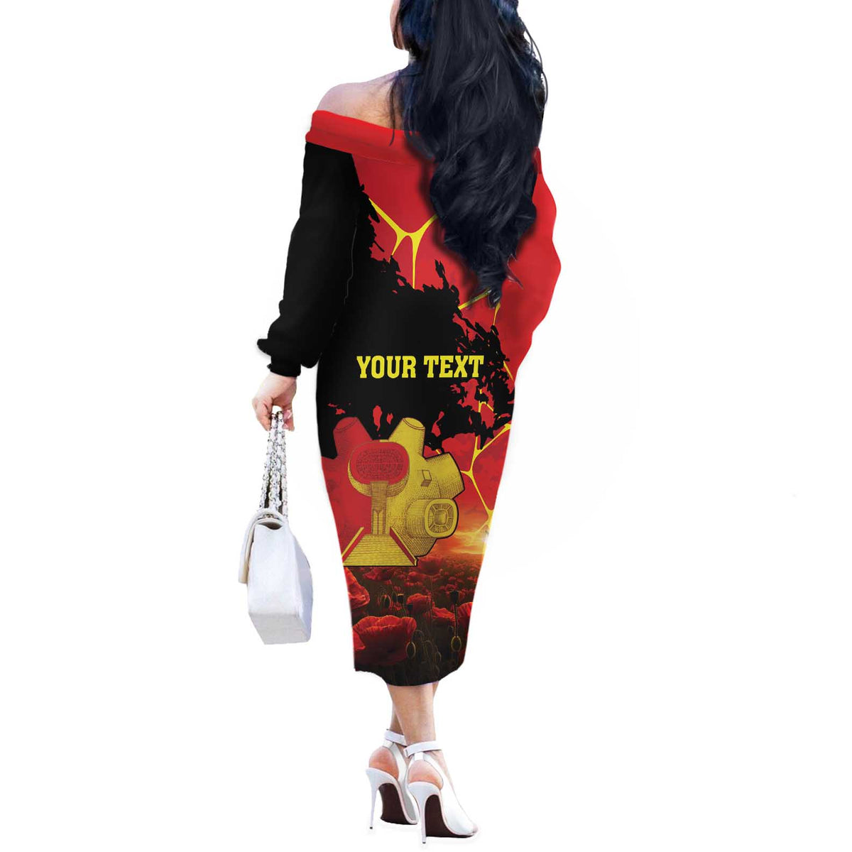 Personalized Macedonia Republic Day Off The Shoulder Long Sleeve Dress Ilinden Monument Red Poppy - Wonder Print Shop