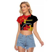 Personalized Macedonia Republic Day Raglan Cropped T Shirt Ilinden Monument Red Poppy - Wonder Print Shop