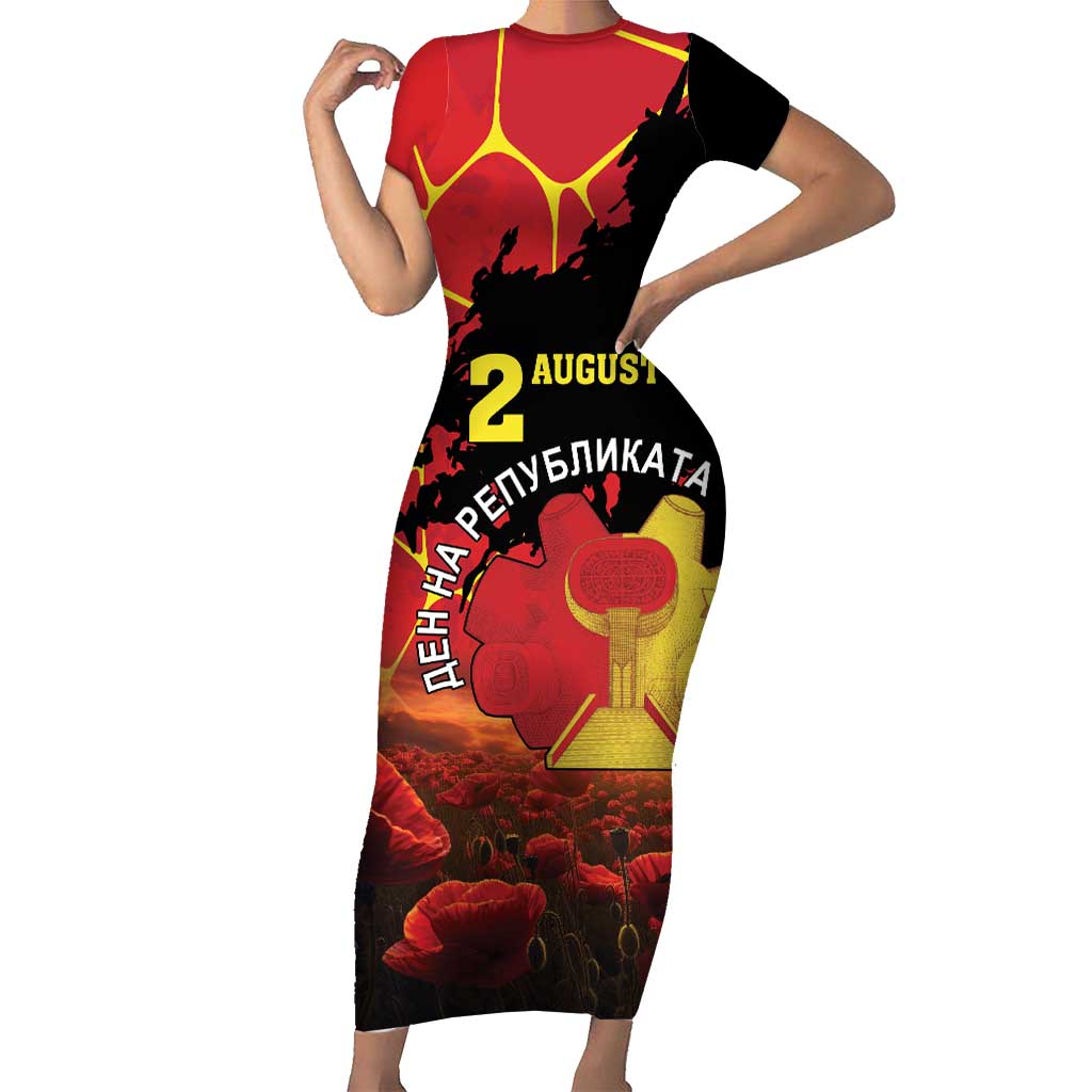 Personalized Macedonia Republic Day Short Sleeve Bodycon Dress Ilinden Monument Red Poppy - Wonder Print Shop