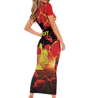 Personalized Macedonia Republic Day Short Sleeve Bodycon Dress Ilinden Monument Red Poppy - Wonder Print Shop