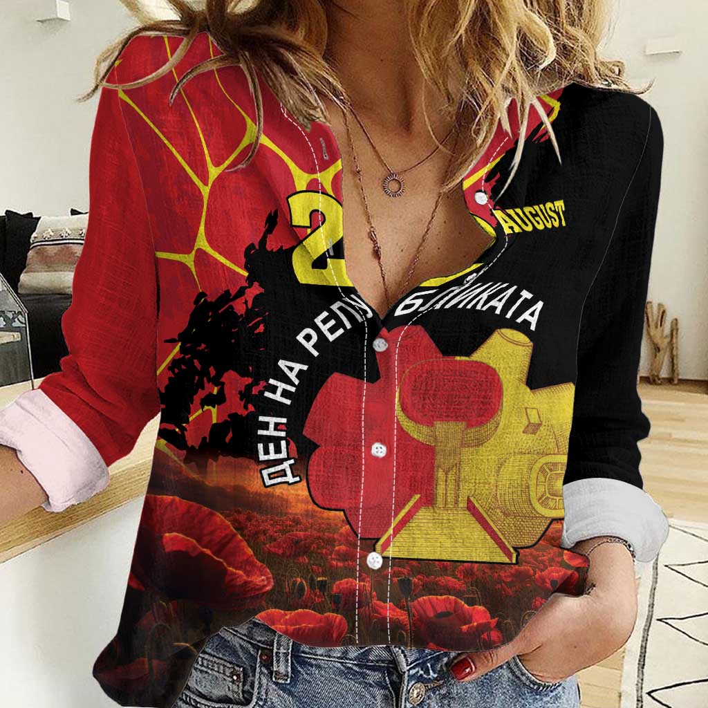 Personalized Macedonia Republic Day Women Casual Shirt Ilinden Monument Red Poppy - Wonder Print Shop