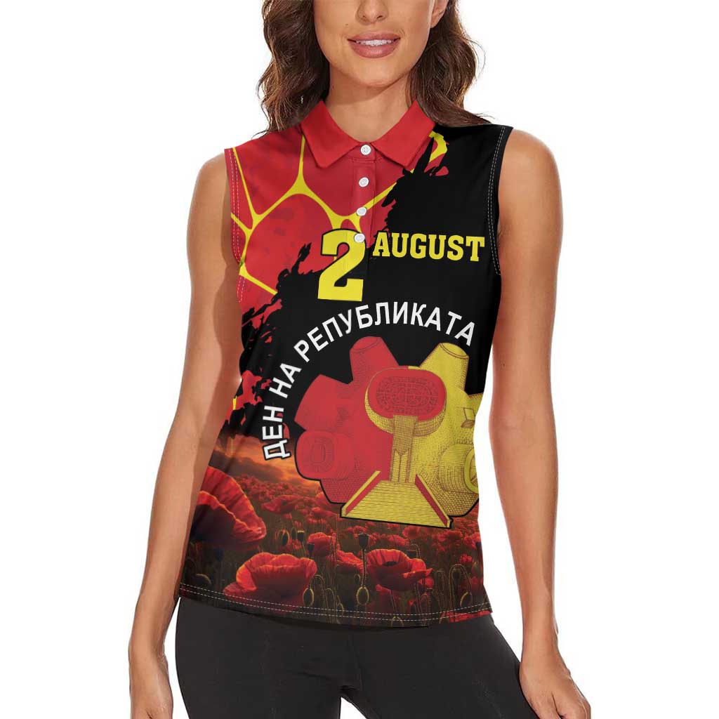 Personalized Macedonia Republic Day Women Sleeveless Polo Shirt Ilinden Monument Red Poppy - Wonder Print Shop