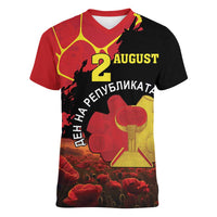 Personalized Macedonia Republic Day Women V-Neck T-Shirt Ilinden Monument Red Poppy - Wonder Print Shop