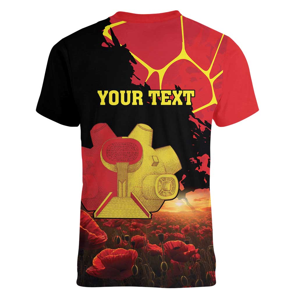 Personalized Macedonia Republic Day Women V-Neck T-Shirt Ilinden Monument Red Poppy - Wonder Print Shop