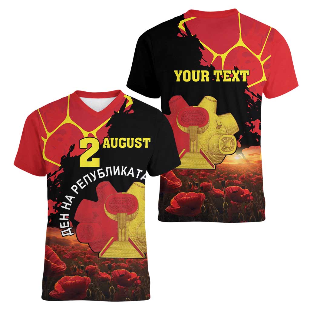 Personalized Macedonia Republic Day Women V-Neck T-Shirt Ilinden Monument Red Poppy - Wonder Print Shop