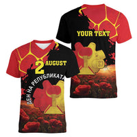 Personalized Macedonia Republic Day Women V-Neck T-Shirt Ilinden Monument Red Poppy - Wonder Print Shop