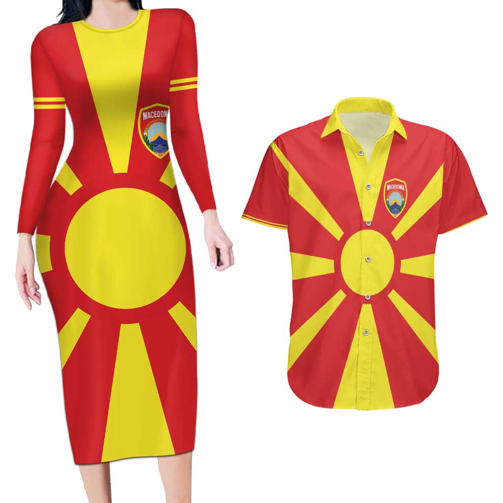 Custom Macedonia Couples Matching Long Sleeve Bodycon Dress and Hawaiian Shirt Flag Style - Wonder Print Shop