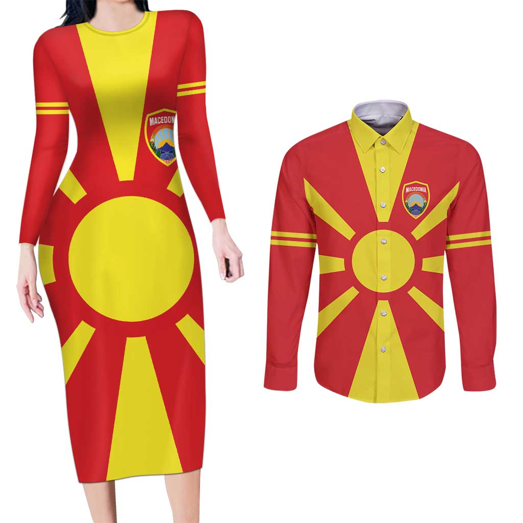 Custom Macedonia Couples Matching Long Sleeve Bodycon Dress and Long Sleeve Button Shirt Flag Style - Wonder Print Shop