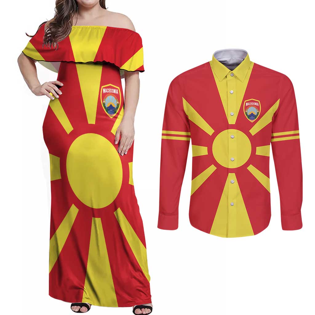 Custom Macedonia Couples Matching Off Shoulder Maxi Dress and Long Sleeve Button Shirt Flag Style - Wonder Print Shop