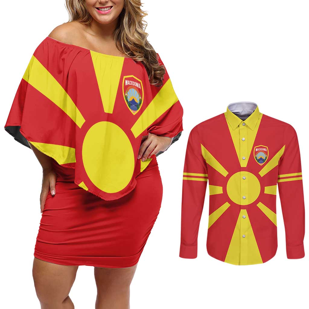 Custom Macedonia Couples Matching Off Shoulder Short Dress and Long Sleeve Button Shirt Flag Style - Wonder Print Shop