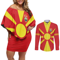 Custom Macedonia Couples Matching Off Shoulder Short Dress and Long Sleeve Button Shirt Flag Style - Wonder Print Shop