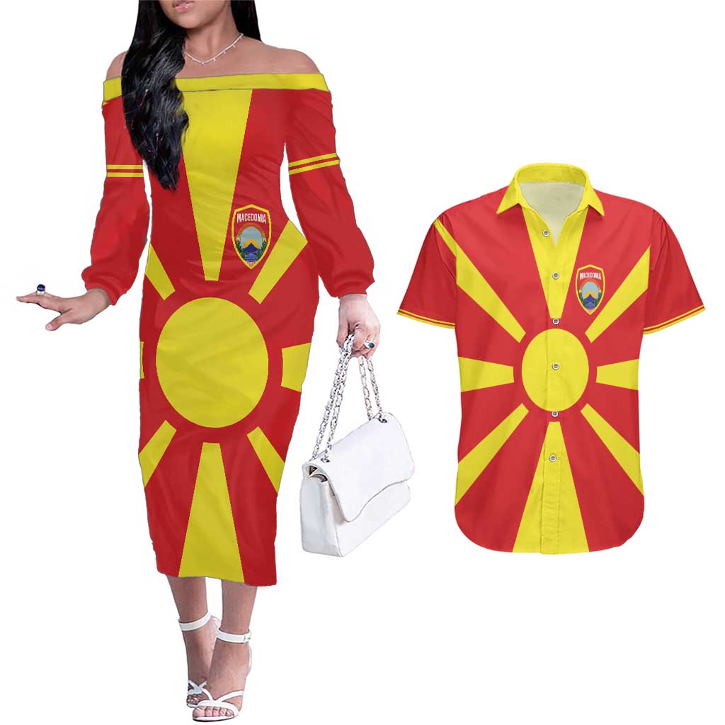 Custom Macedonia Couples Matching Off The Shoulder Long Sleeve Dress and Hawaiian Shirt Flag Style - Wonder Print Shop