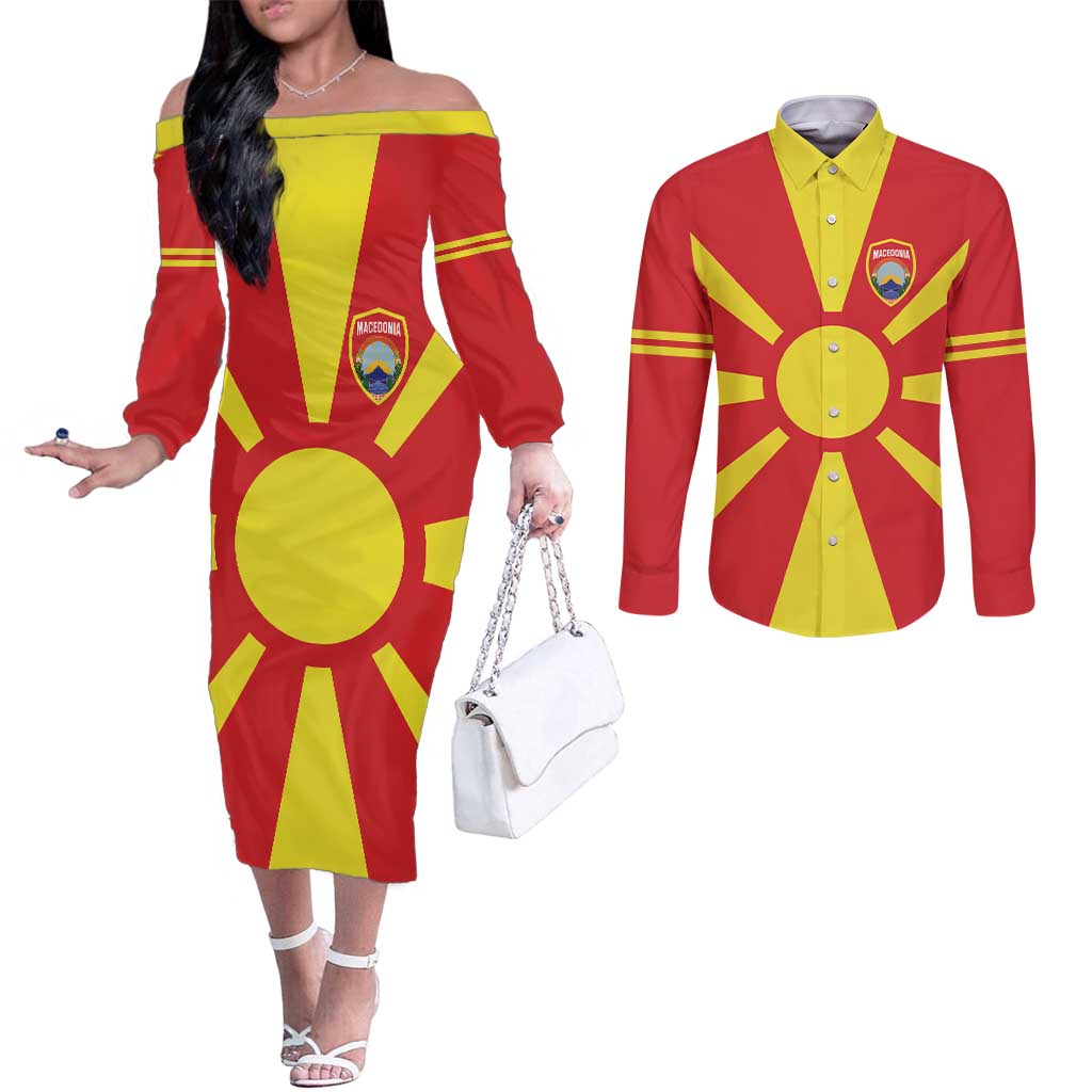 Custom Macedonia Couples Matching Off The Shoulder Long Sleeve Dress and Long Sleeve Button Shirt Flag Style - Wonder Print Shop