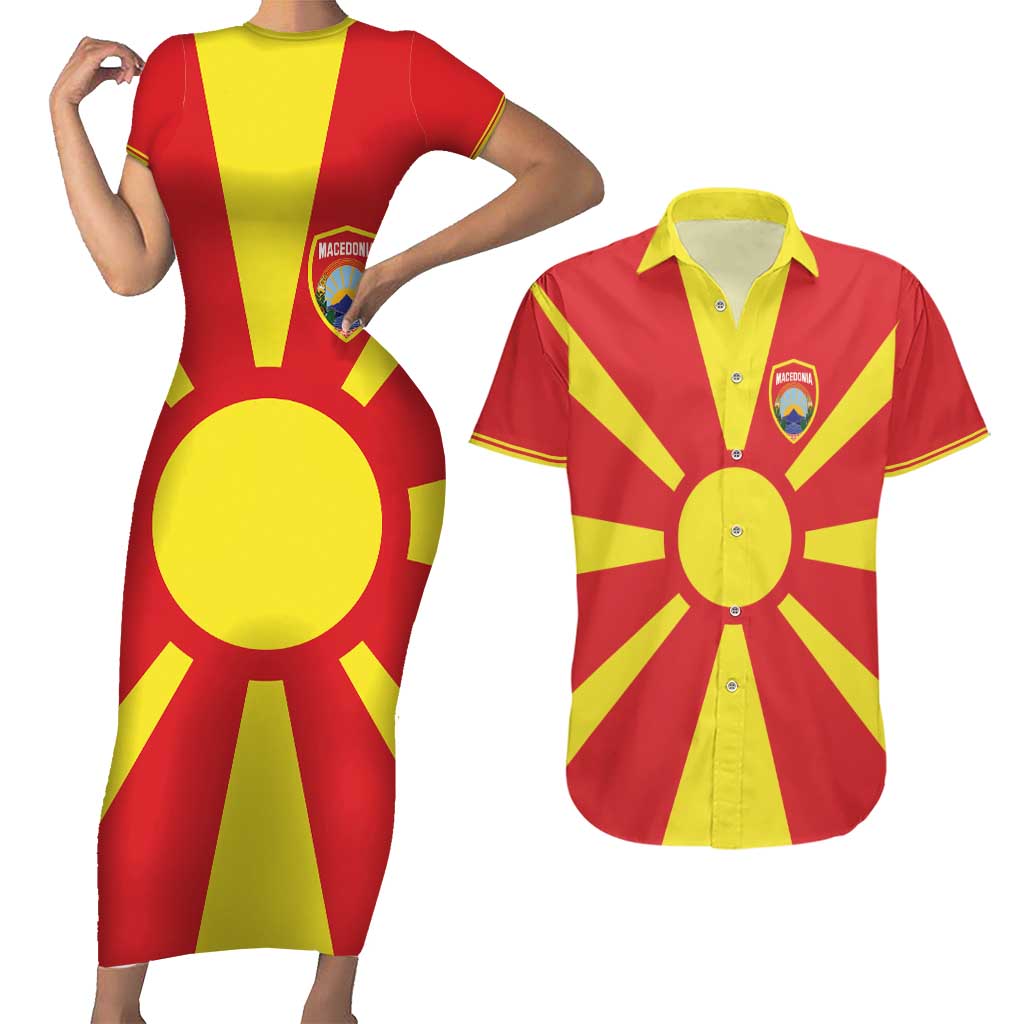 Custom Macedonia Couples Matching Short Sleeve Bodycon Dress and Hawaiian Shirt Flag Style - Wonder Print Shop