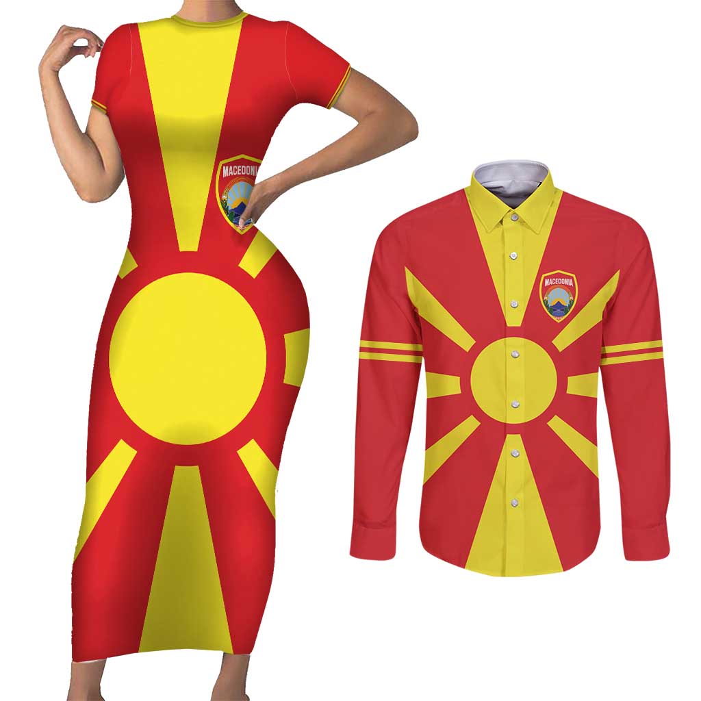 Custom Macedonia Couples Matching Short Sleeve Bodycon Dress and Long Sleeve Button Shirt Flag Style - Wonder Print Shop