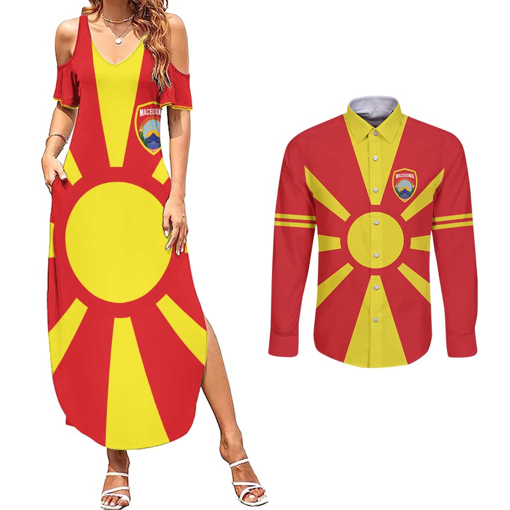 Custom Macedonia Couples Matching Summer Maxi Dress and Long Sleeve Button Shirt Flag Style - Wonder Print Shop