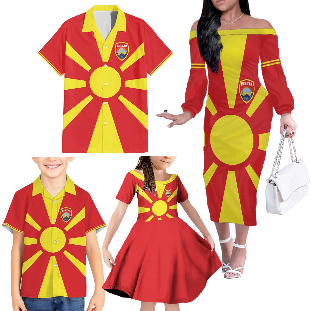 Custom Macedonia Family Matching Off The Shoulder Long Sleeve Dress and Hawaiian Shirt Flag Style - Wonder Print Shop