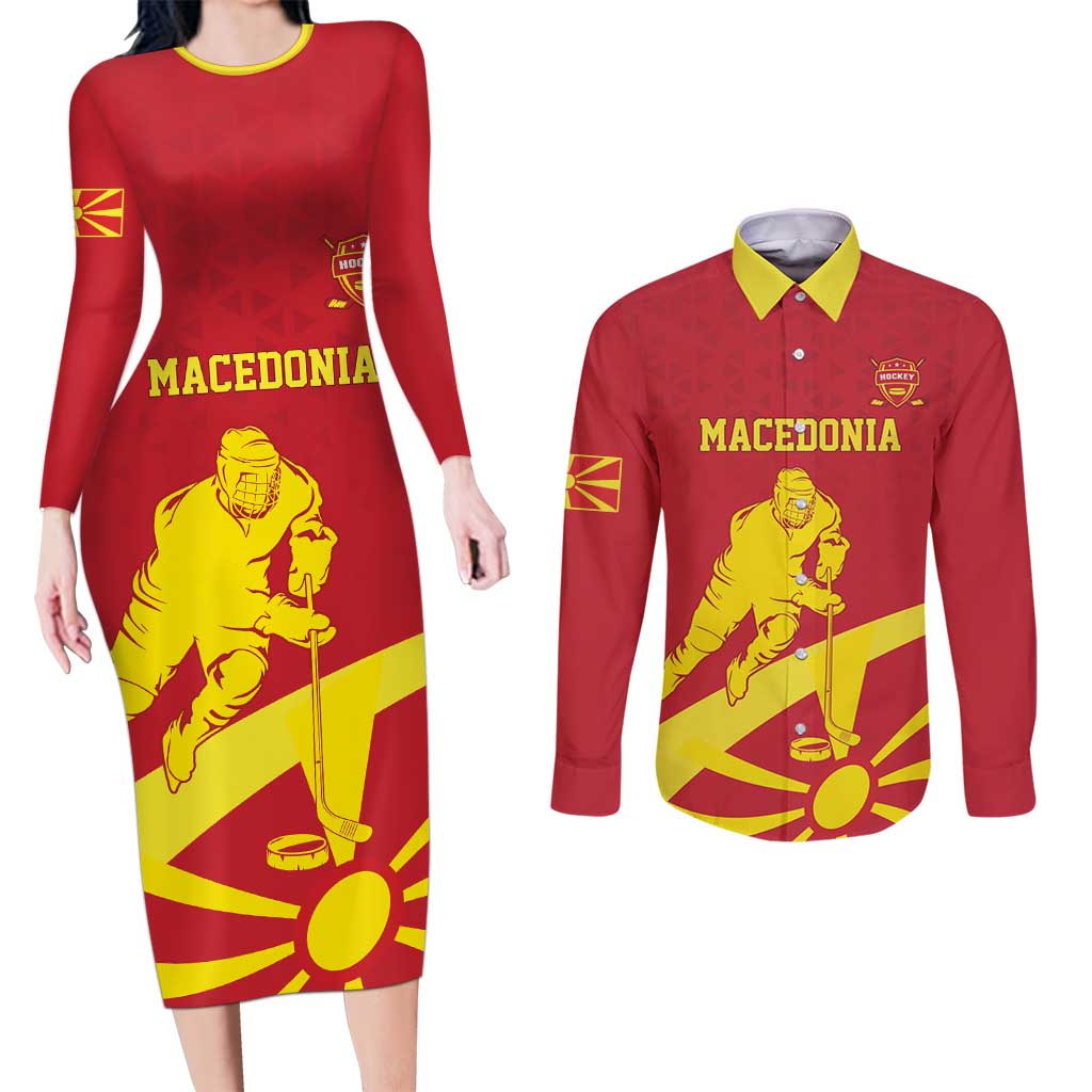 Macedonia Ice Hockey Custom Couples Matching Long Sleeve Bodycon Dress and Long Sleeve Button Shirt Go Champion - Wonder Print Shop