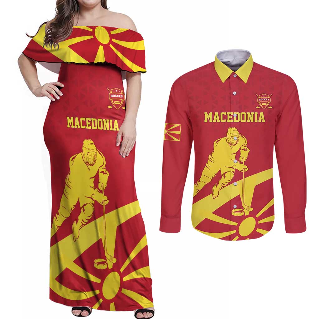 Macedonia Ice Hockey Custom Couples Matching Off Shoulder Maxi Dress and Long Sleeve Button Shirt Go Champion - Wonder Print Shop