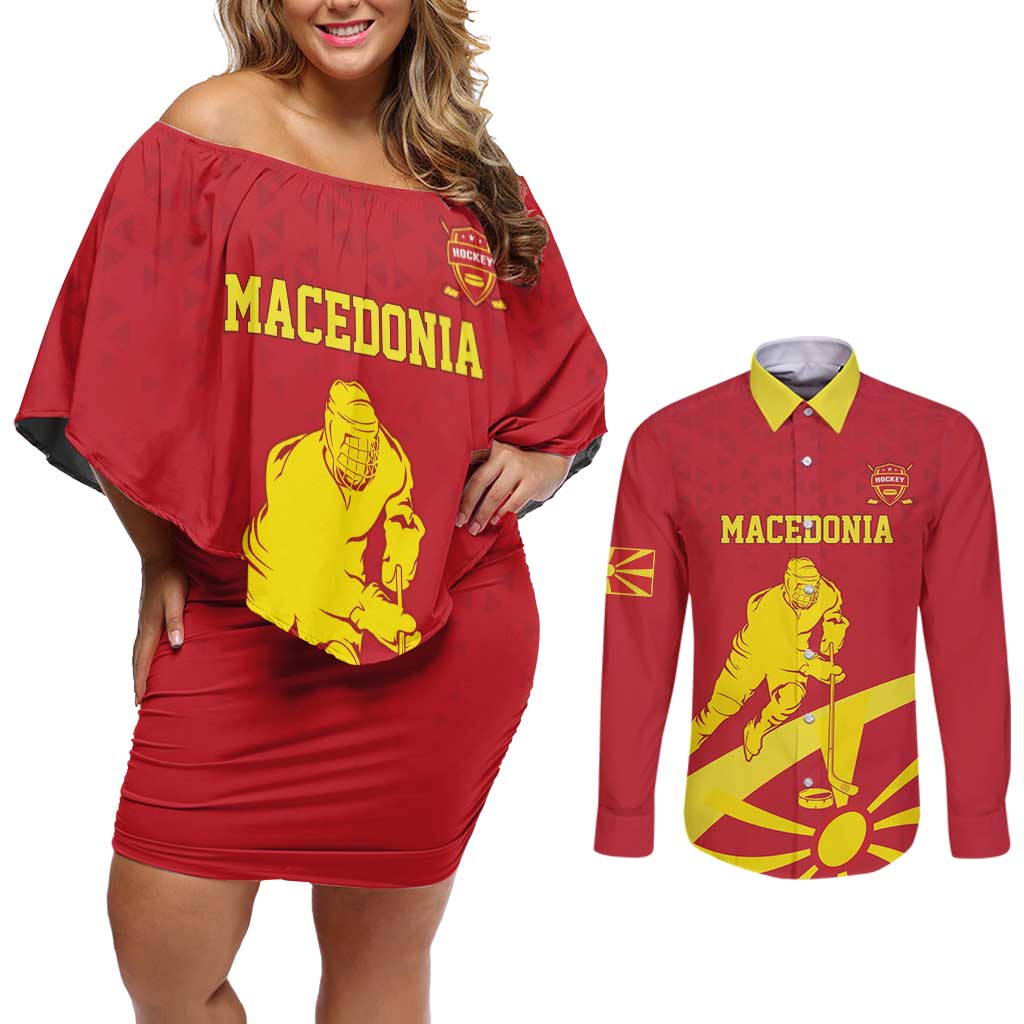 Macedonia Ice Hockey Custom Couples Matching Off Shoulder Short Dress and Long Sleeve Button Shirt Go Champion - Wonder Print Shop
