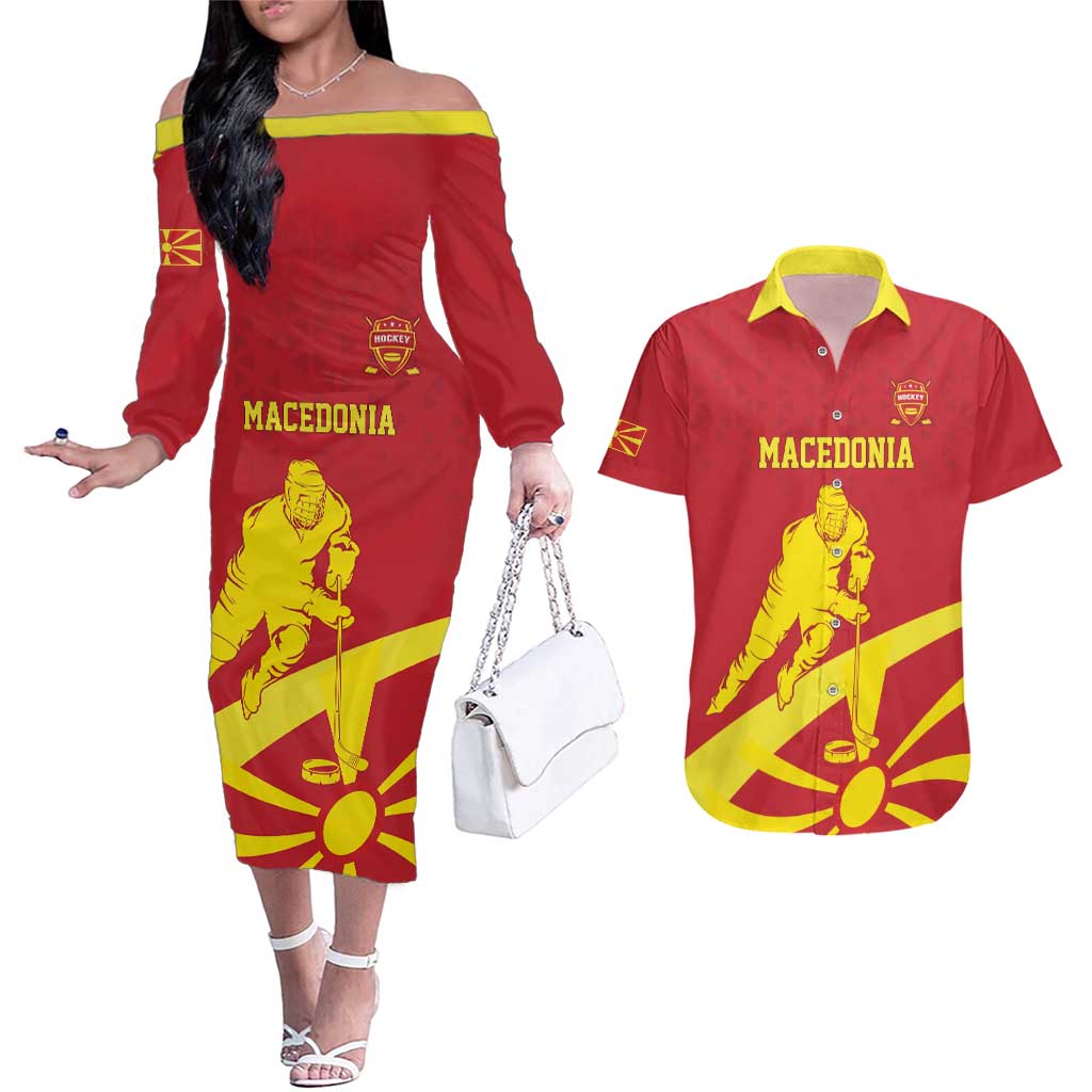 Macedonia Ice Hockey Custom Couples Matching Off The Shoulder Long Sleeve Dress and Hawaiian Shirt Go Champion - Wonder Print Shop