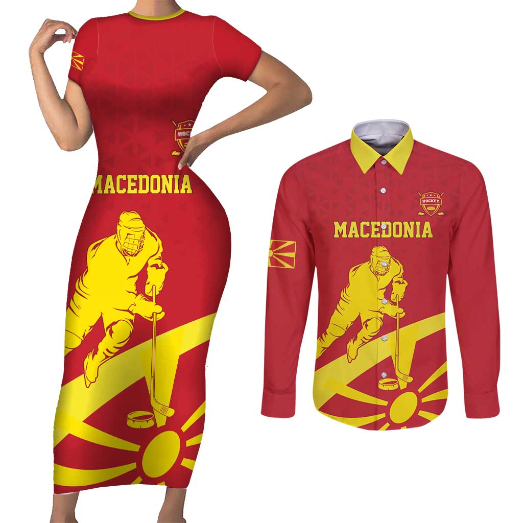 Macedonia Ice Hockey Custom Couples Matching Short Sleeve Bodycon Dress and Long Sleeve Button Shirt Go Champion - Wonder Print Shop