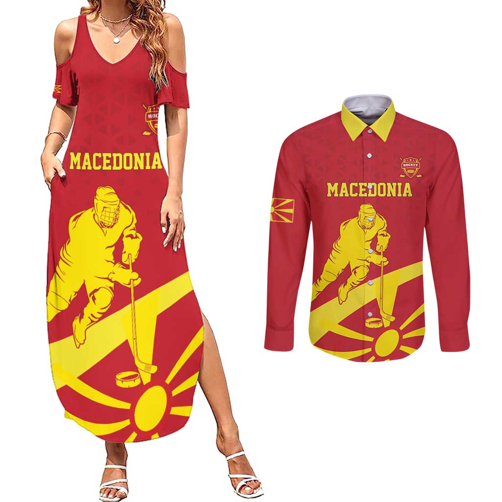 Macedonia Ice Hockey Custom Couples Matching Summer Maxi Dress and Long Sleeve Button Shirt Go Champion - Wonder Print Shop