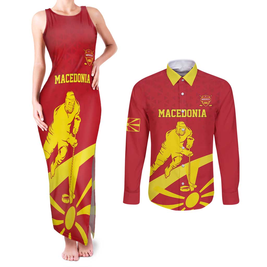 Macedonia Ice Hockey Custom Couples Matching Tank Maxi Dress and Long Sleeve Button Shirt Go Champion - Wonder Print Shop