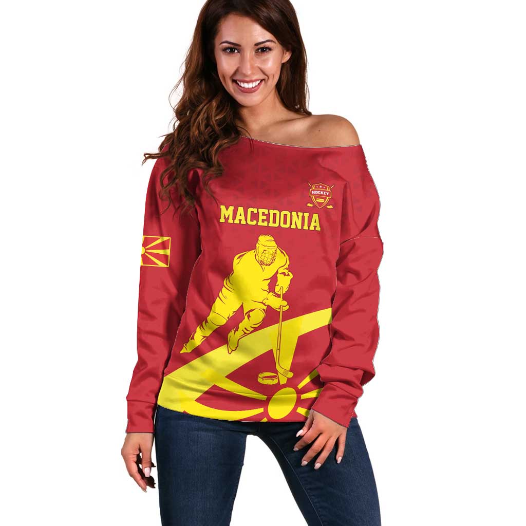 Macedonia Ice Hockey Custom Off Shoulder Sweater Go Champion - Wonder Print Shop