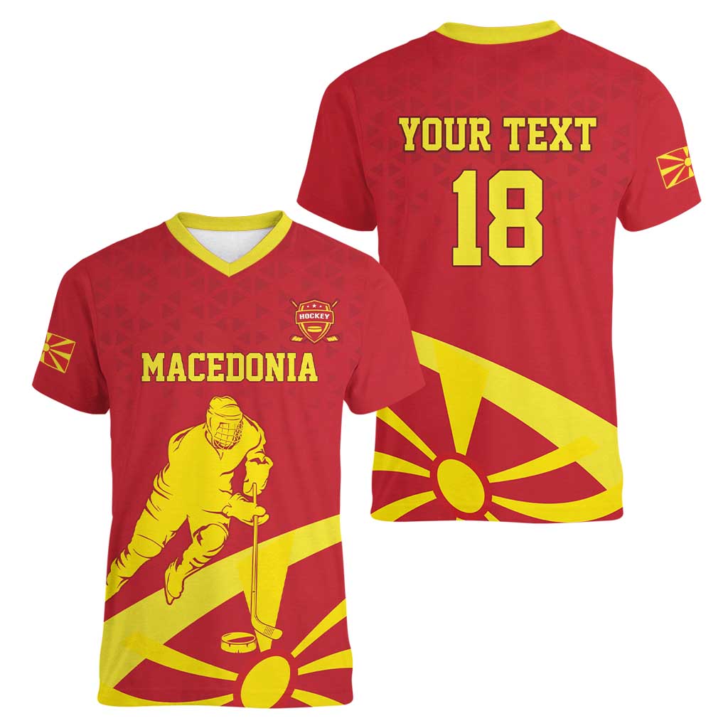 Macedonia Ice Hockey Custom Women V-Neck T-Shirt Go Champion - Wonder Print Shop