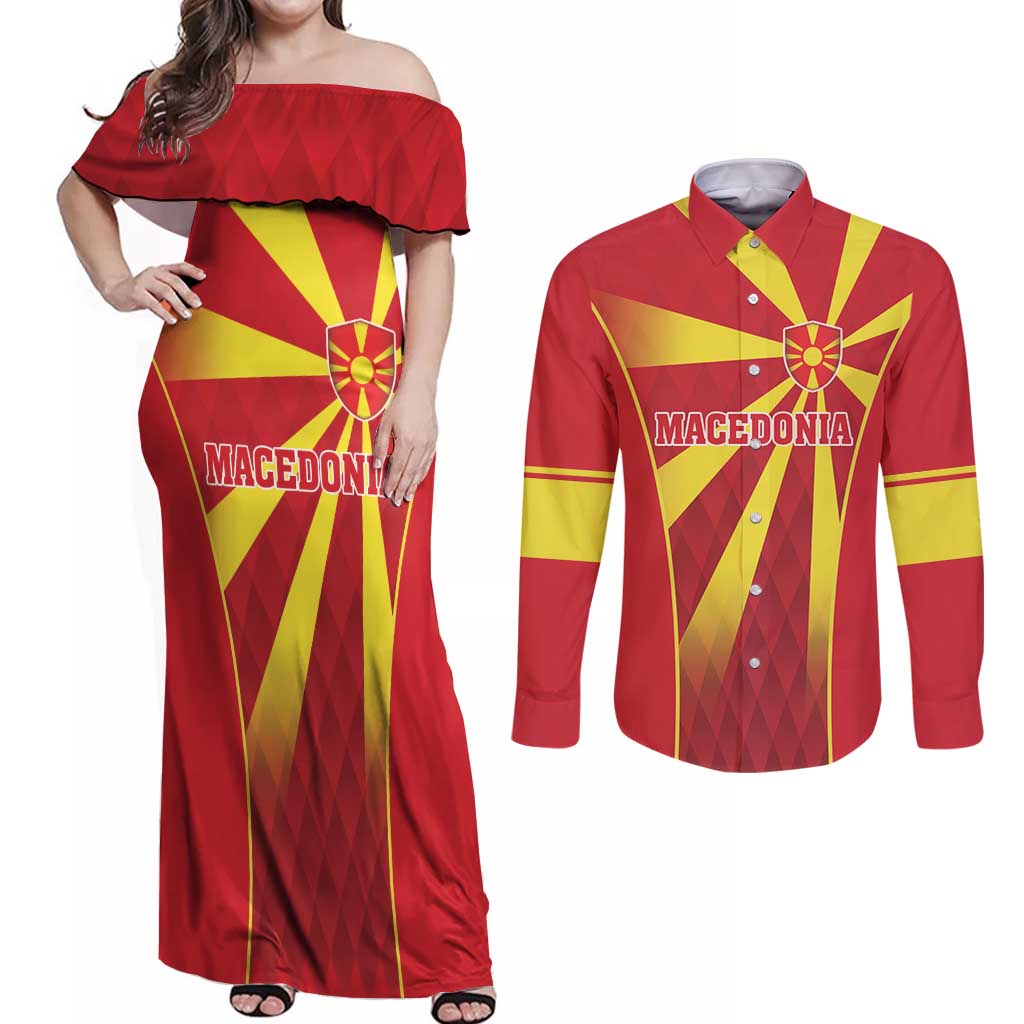 Custom Macedonia Football Couples Matching Off Shoulder Maxi Dress and Long Sleeve Button Shirt Come On Lavovi - Wonder Print Shop