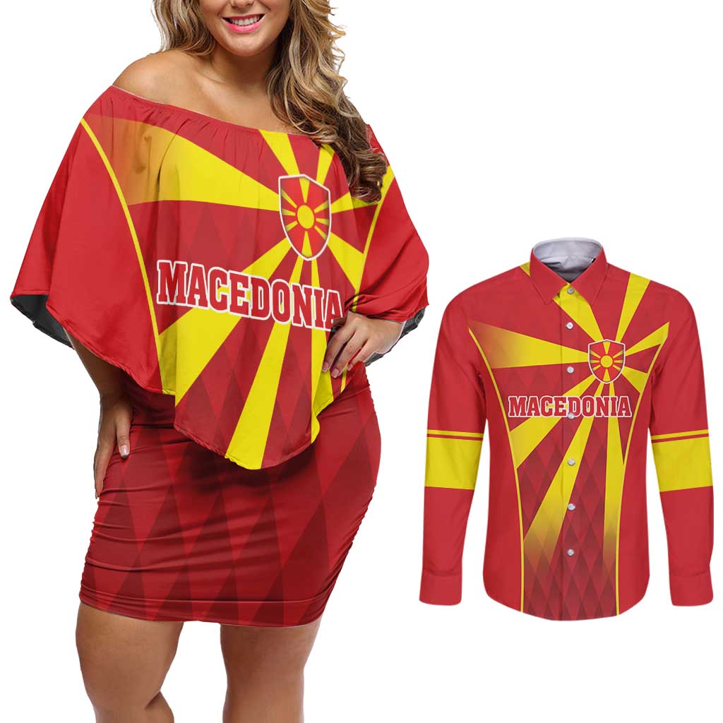 Custom Macedonia Football Couples Matching Off Shoulder Short Dress and Long Sleeve Button Shirt Come On Lavovi - Wonder Print Shop
