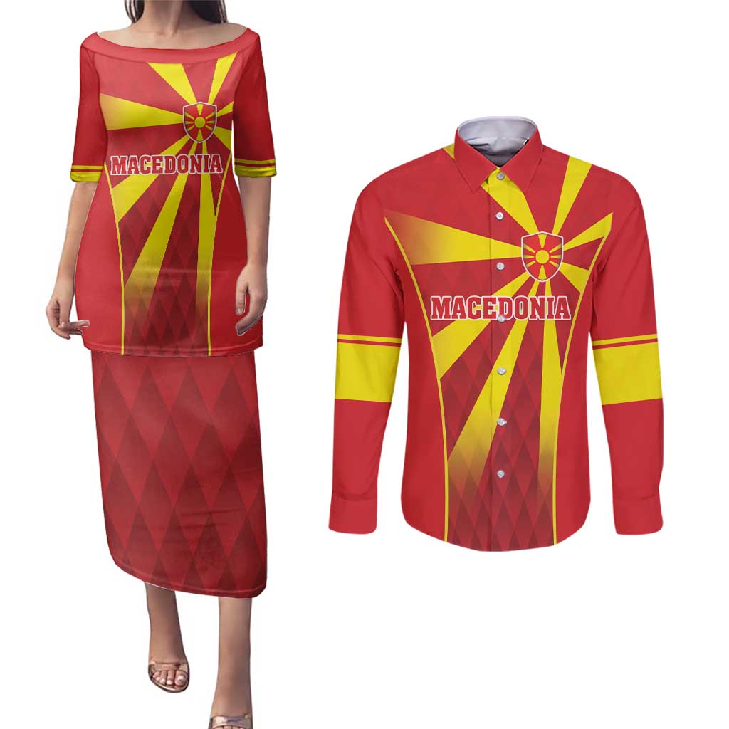Custom Macedonia Football Couples Matching Puletasi and Long Sleeve Button Shirt Come On Lavovi - Wonder Print Shop