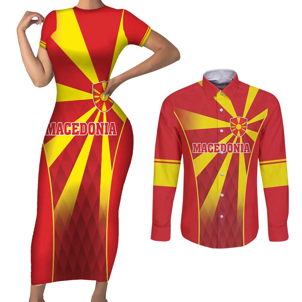Custom Macedonia Football Couples Matching Short Sleeve Bodycon Dress and Long Sleeve Button Shirt Come On Lavovi - Wonder Print Shop
