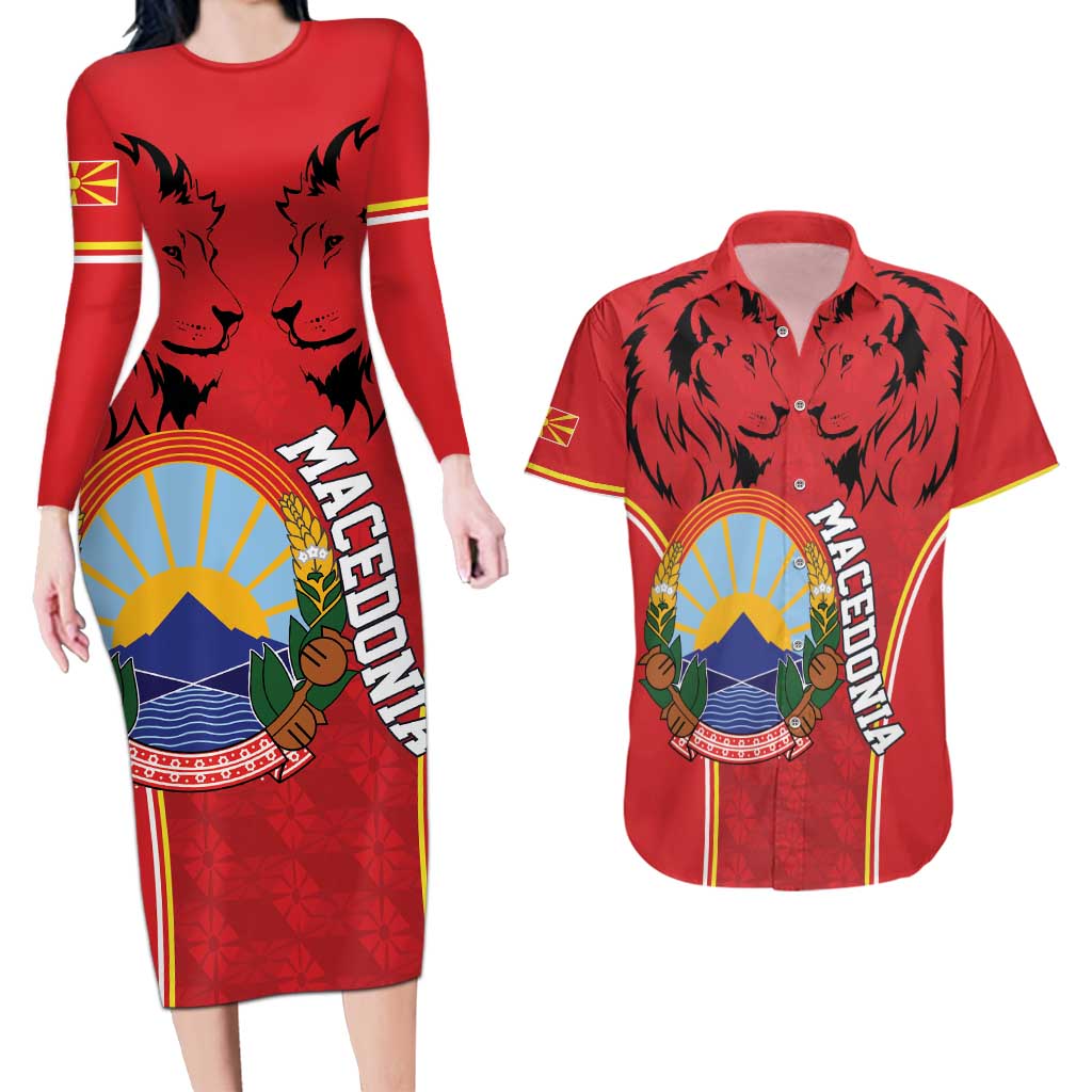 Personalized Macedonia Lion Couples Matching Long Sleeve Bodycon Dress and Hawaiian Shirt National Emblem - Wonder Print Shop