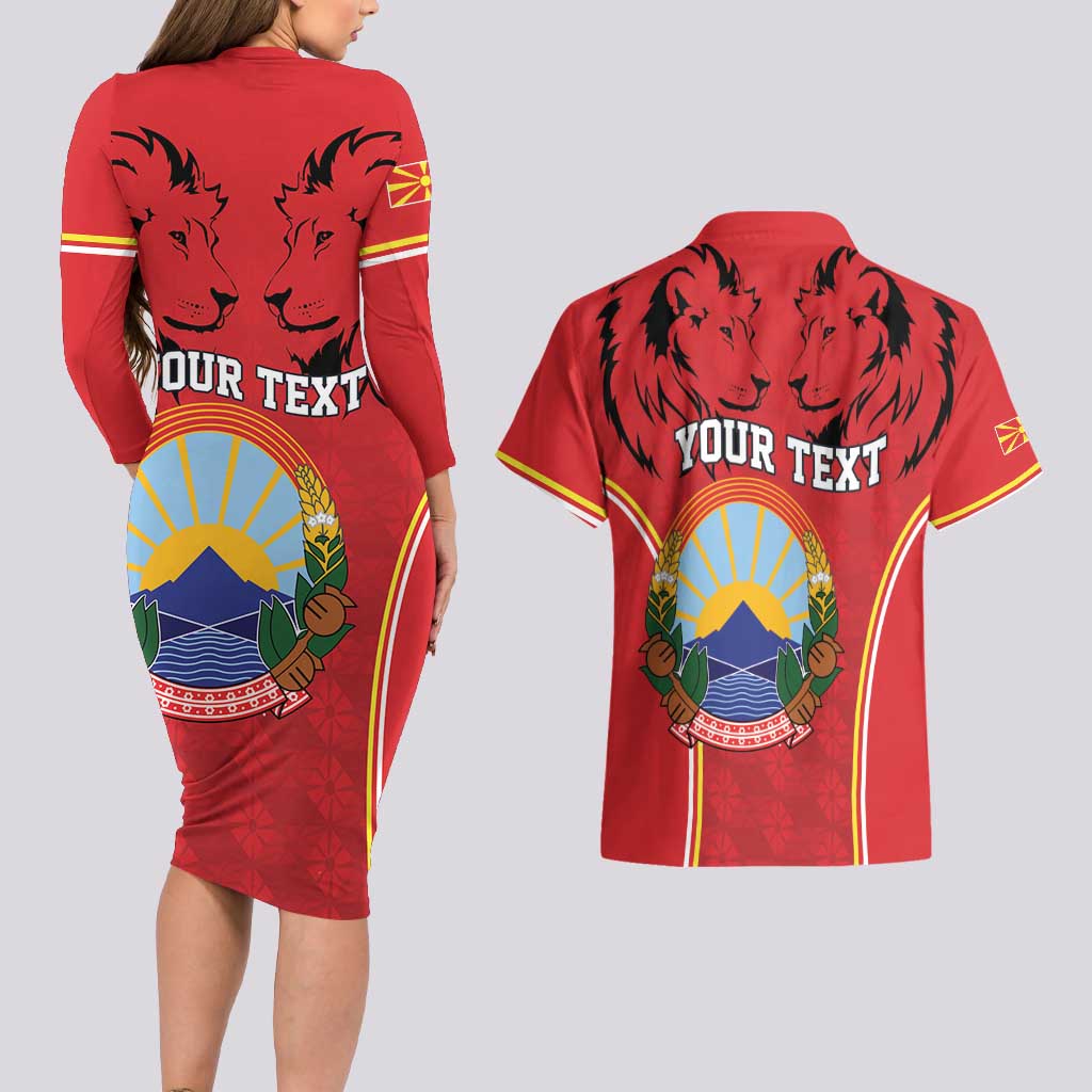 Personalized Macedonia Lion Couples Matching Long Sleeve Bodycon Dress and Hawaiian Shirt National Emblem - Wonder Print Shop