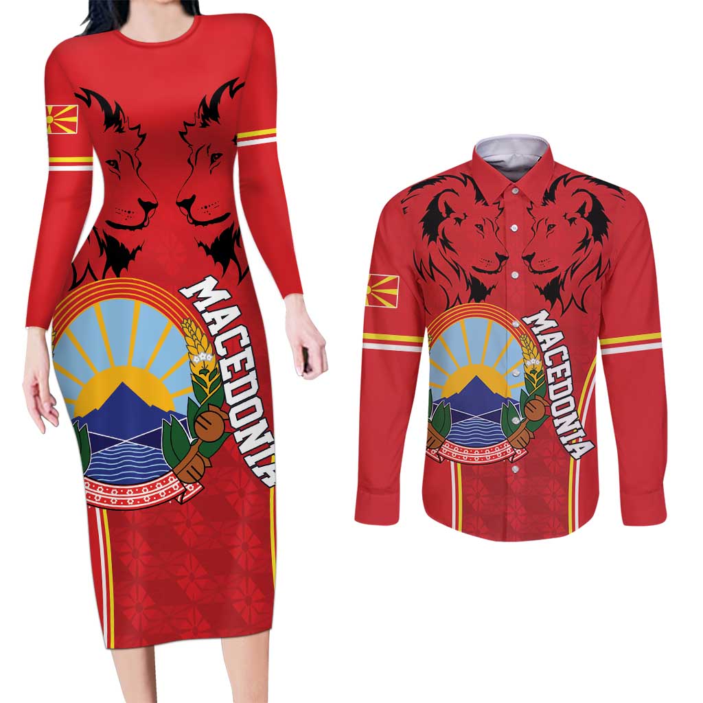 Personalized Macedonia Lion Couples Matching Long Sleeve Bodycon Dress and Long Sleeve Button Shirt National Emblem - Wonder Print Shop