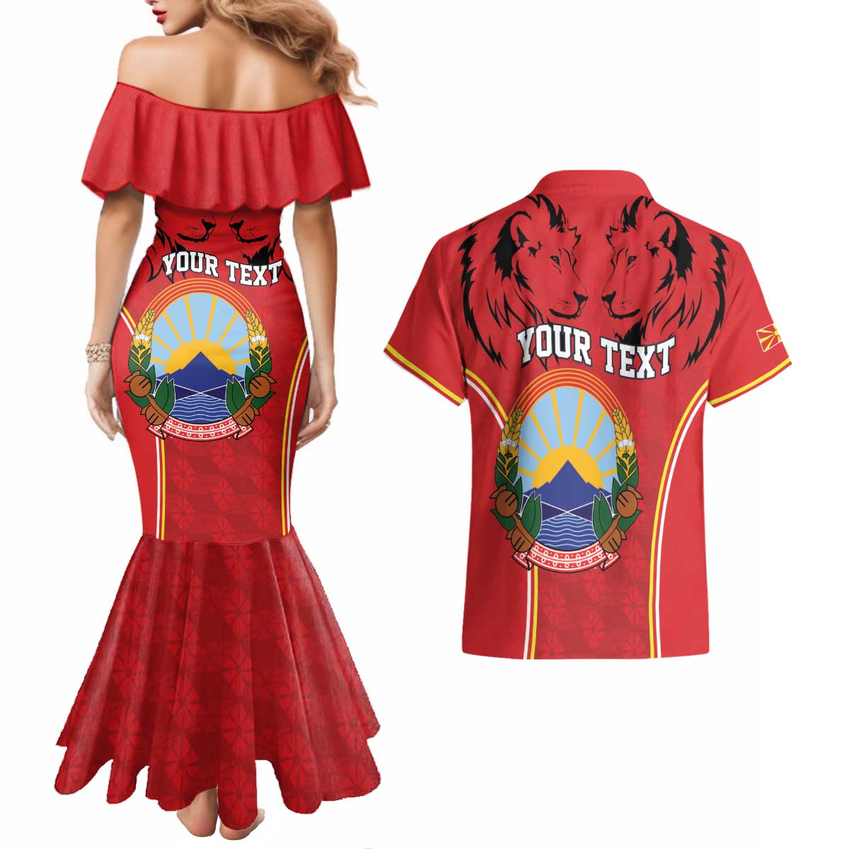 Personalized Macedonia Lion Couples Matching Mermaid Dress and Hawaiian Shirt National Emblem - Wonder Print Shop