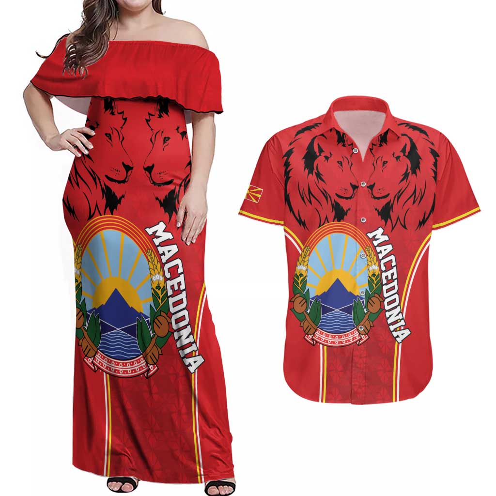 Personalized Macedonia Lion Couples Matching Off Shoulder Maxi Dress and Hawaiian Shirt National Emblem - Wonder Print Shop