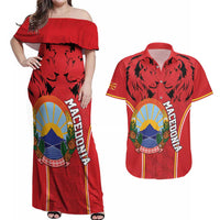 Personalized Macedonia Lion Couples Matching Off Shoulder Maxi Dress and Hawaiian Shirt National Emblem - Wonder Print Shop