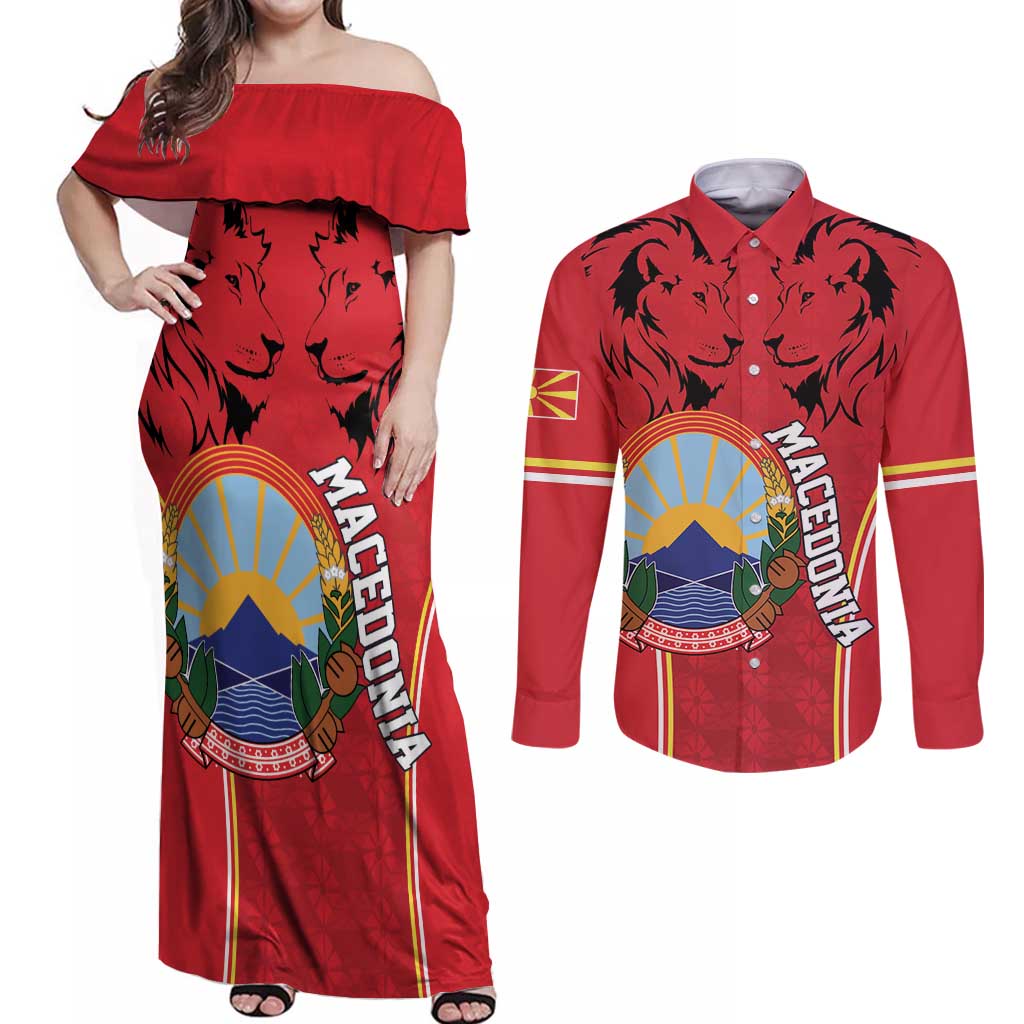 Personalized Macedonia Lion Couples Matching Off Shoulder Maxi Dress and Long Sleeve Button Shirt National Emblem - Wonder Print Shop
