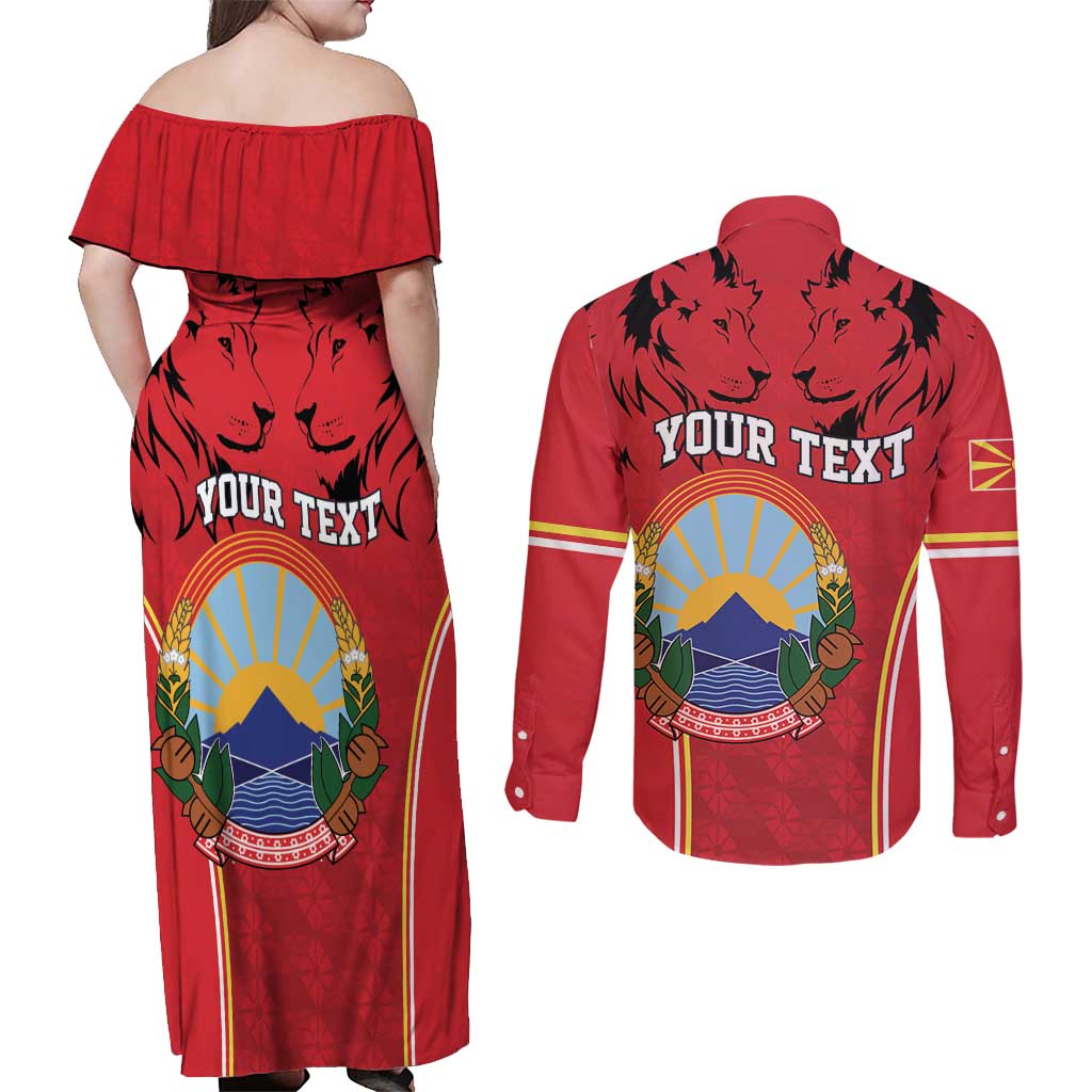 Personalized Macedonia Lion Couples Matching Off Shoulder Maxi Dress and Long Sleeve Button Shirt National Emblem - Wonder Print Shop