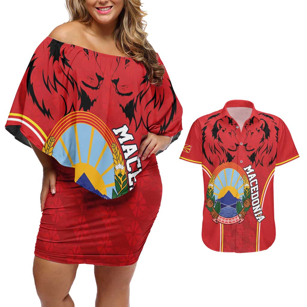 Personalized Macedonia Lion Couples Matching Off Shoulder Short Dress and Hawaiian Shirt National Emblem - Wonder Print Shop