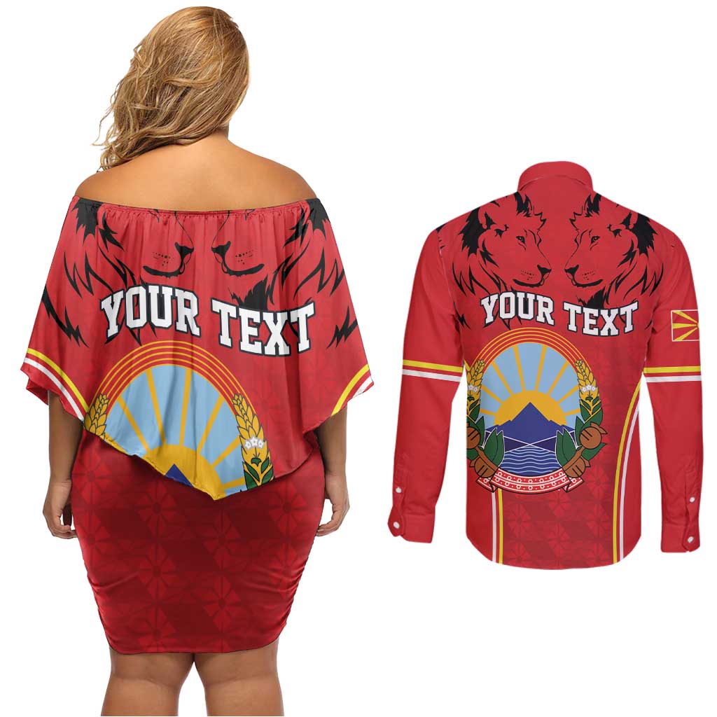 Personalized Macedonia Lion Couples Matching Off Shoulder Short Dress and Long Sleeve Button Shirt National Emblem - Wonder Print Shop