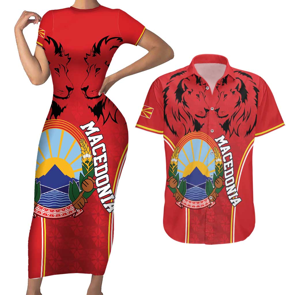 Personalized Macedonia Lion Couples Matching Short Sleeve Bodycon Dress and Hawaiian Shirt National Emblem - Wonder Print Shop